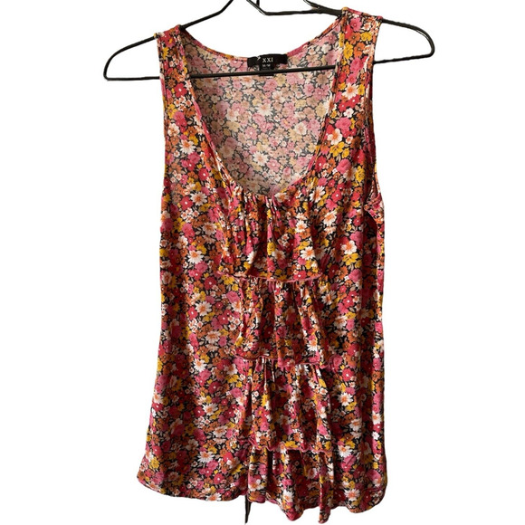 Cute XXI FOREVER Floral Tank Top Size Medium M Womens Juniors Ruffles - Picture 2 of 6